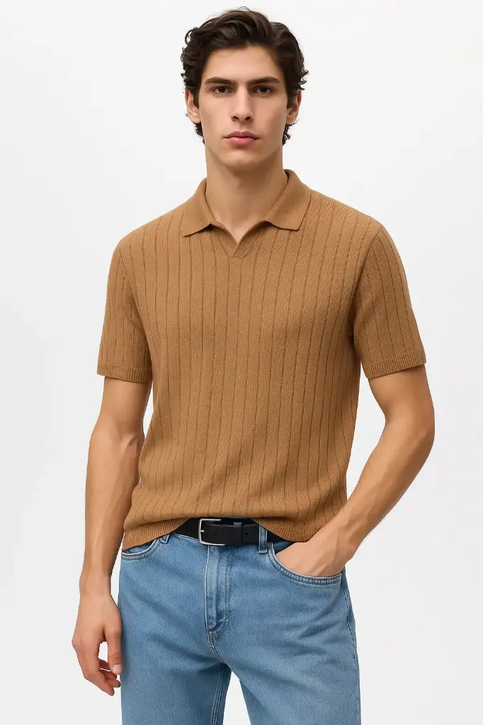 Camel Brown Polo Knit T-Shirt – MYK 